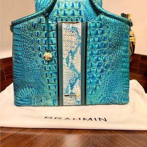 Brahmin purse (wallet included) Teal and Cream Embossed Leather Tote
